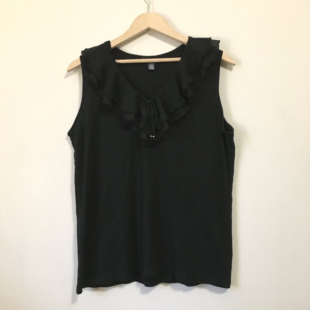 Chaps 1X Black 100% Cotton Ruffle Neck Tank Top Beaded Tie Whimsigoth Goth Witch